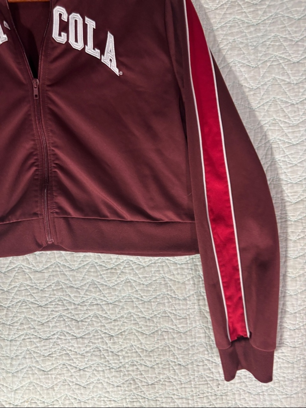 Coca Cola Women's Maroon Track Jacket with Red and White Stripe Sleeves - Picture 6 of 6